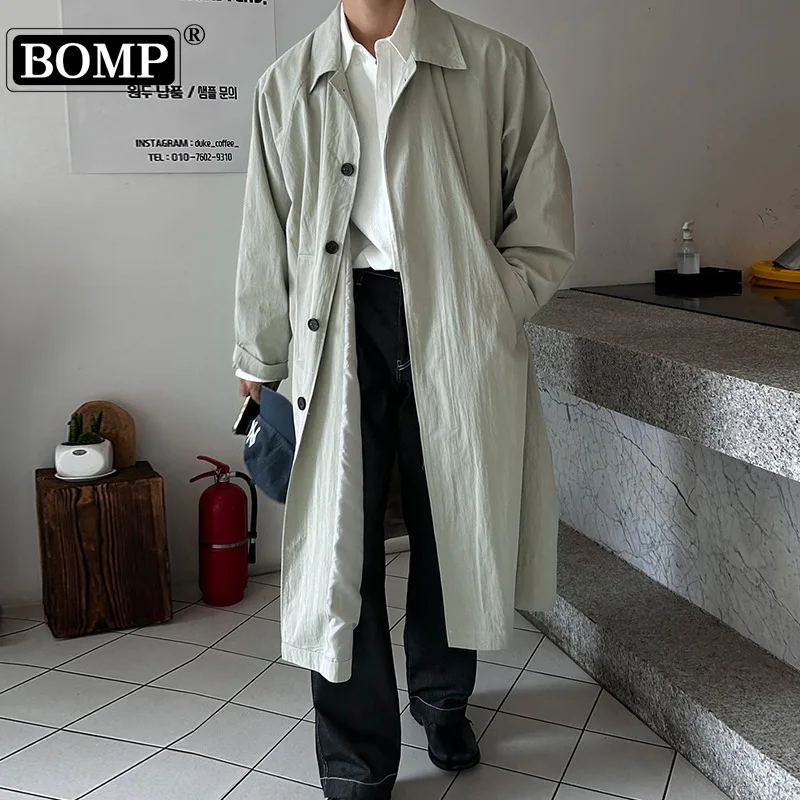 [BOMP] Korean Lazy Windbreaker Loose Large Medium Long Cross Knee Handsome Silhouette Youth Trendy Texture Coat