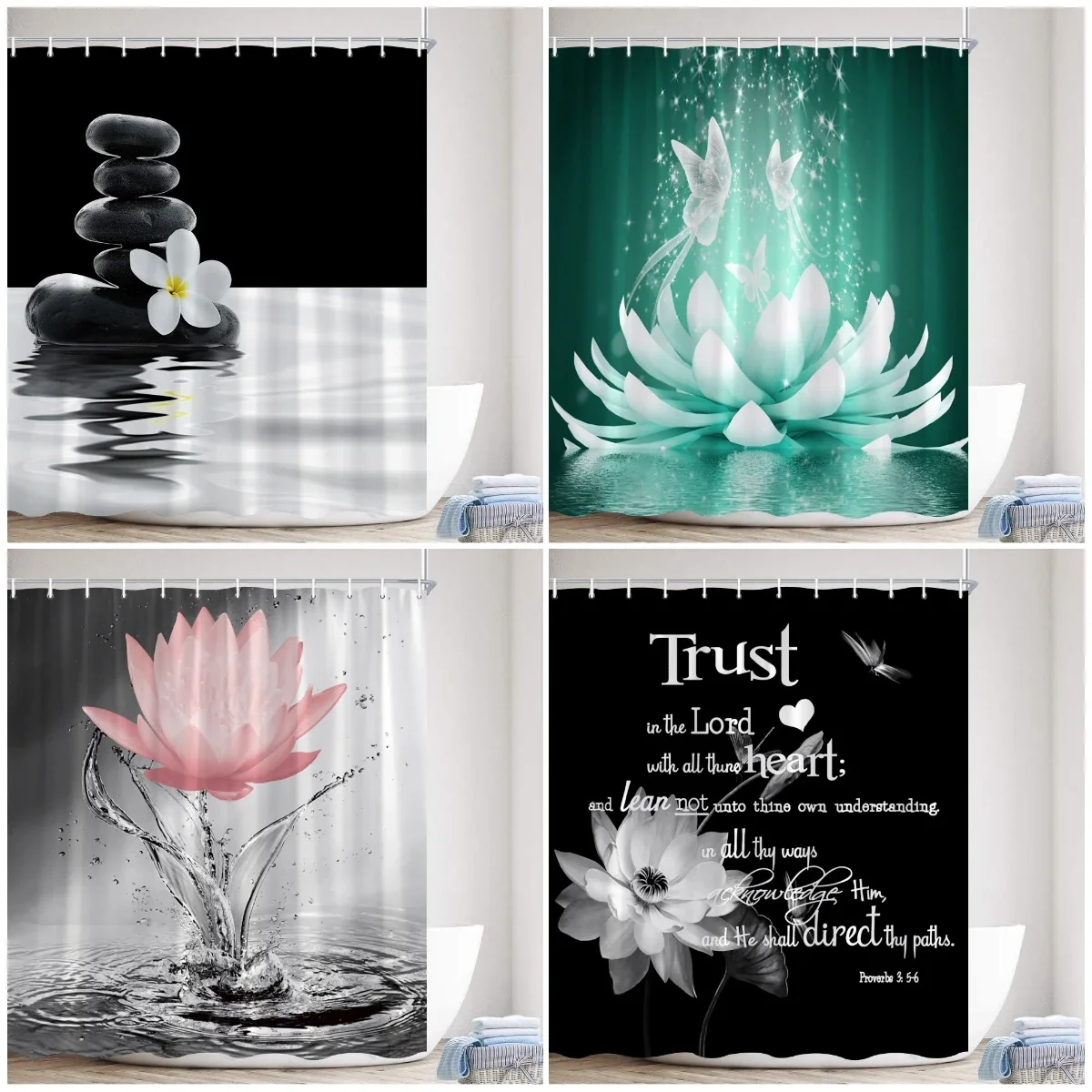 Zen Lotus Shower Curtain Water Buddha Meditation Black Stone Drops Butterfly Black White Bathroom Decor Polyester Bath Curtain