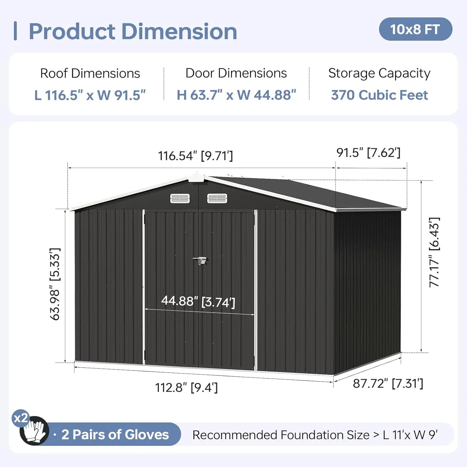

10x8 FT Galvanized Metal Storage Shed Outdoor Utility Steel Tool Shed with Lockable Door And Air Vents for Customized Spaces