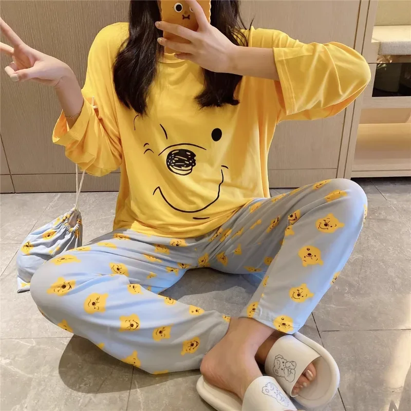 New Disney Mickey Mouse pajamas, pure cotton long-sleeved trousers casual two-piece Winnie the Pooh loungewear women\'s pajamas