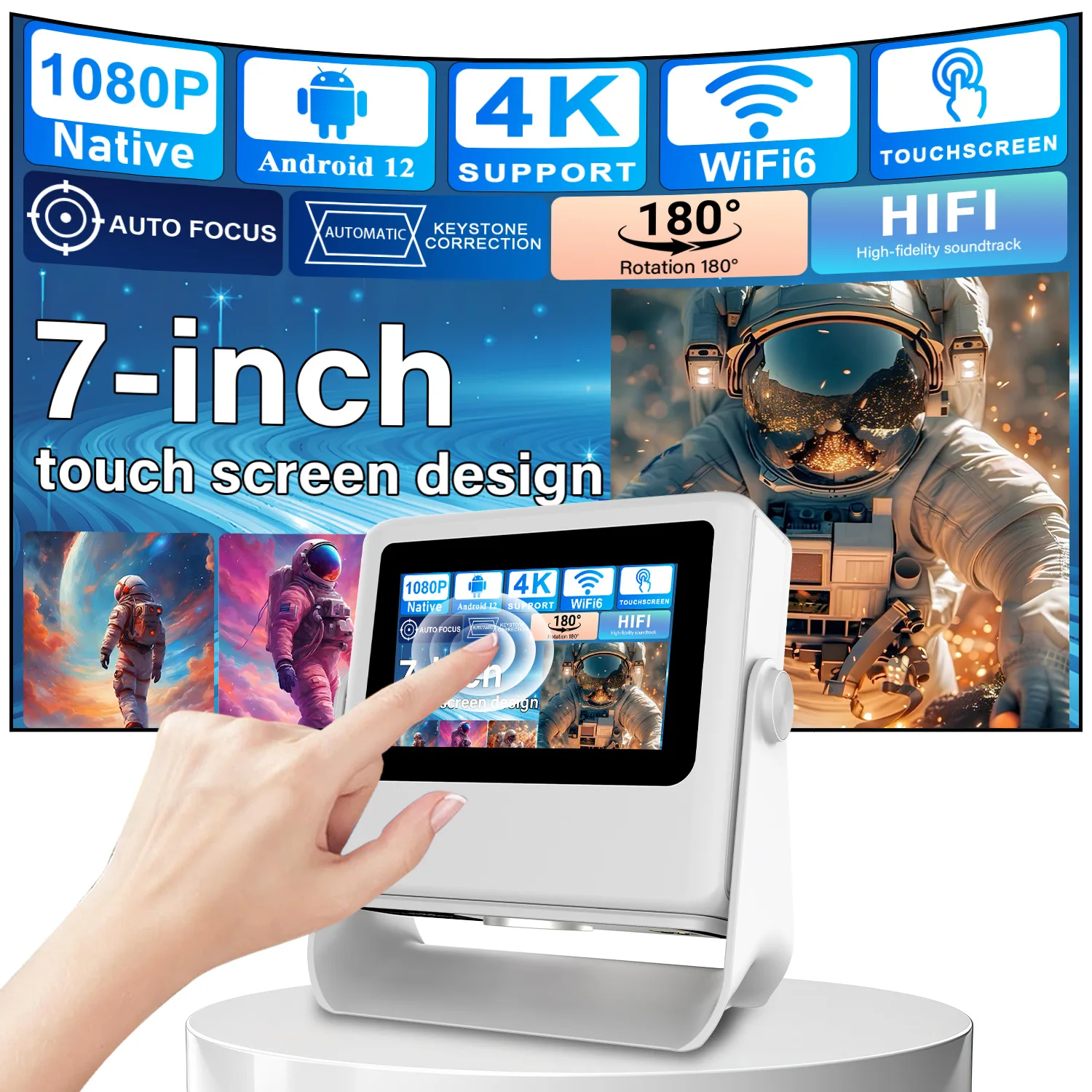 4K Smart Portable Projector with Auto Focus Touchscreen, WiFi Bluetooth, 1000+ Apps - Outdoor Home Theater