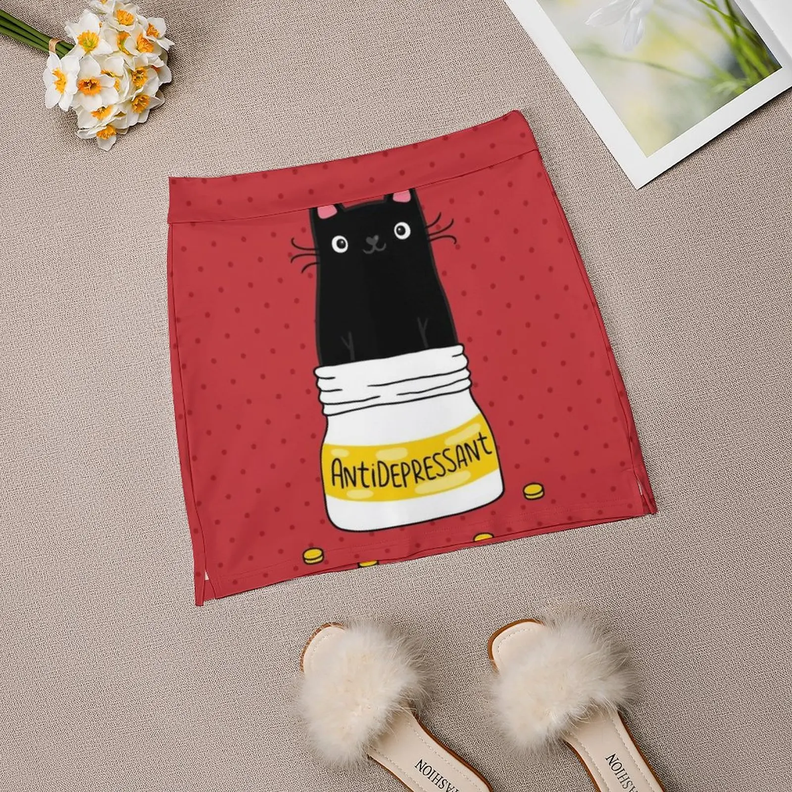 Antidépresseur de fourrure. Illustration de chat noir mignon. Mini-jupes de bureau pour femmes, jupe courte, pantalon, mode, cadeau, 2022