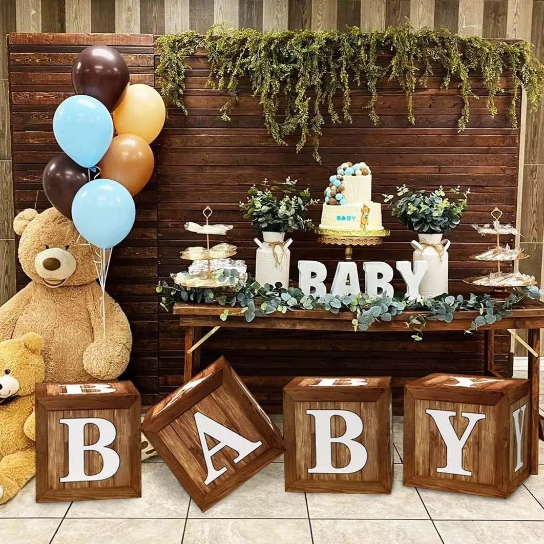 Wood Grain Baby Shower Box Baby Balloon Boxes 26 letters Teddy Bear Baby Shower Birthday Party Decor - view 3