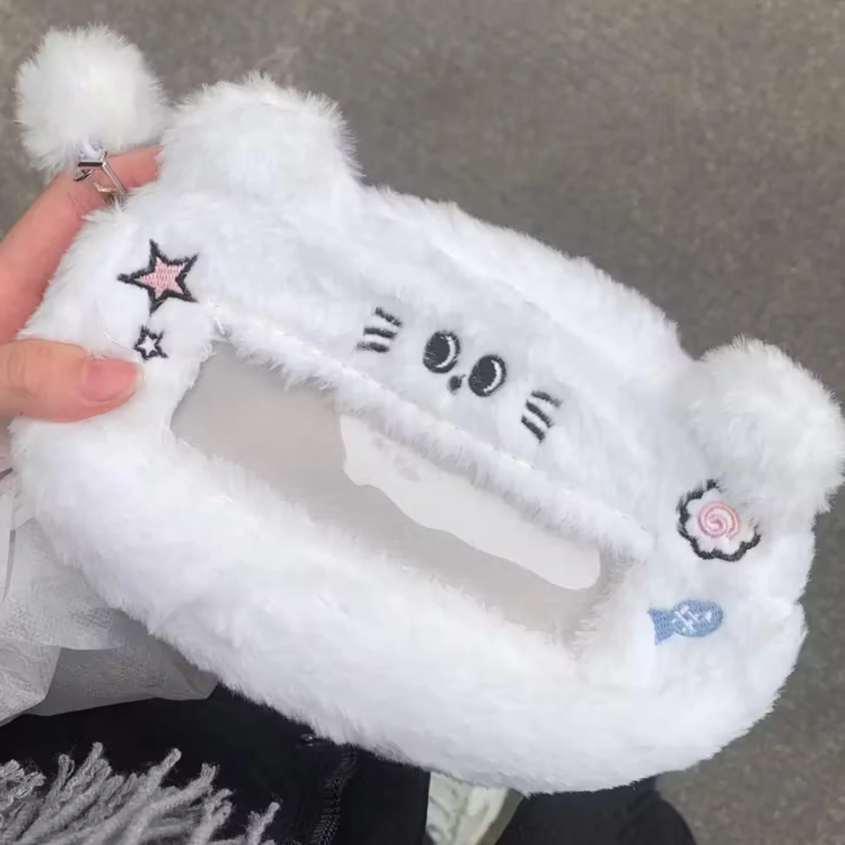 1Pc White Plush Puppy Pencil Case, with Embroidered Cat Ears, Puppy, Star, and Fish Designs, Stationery Storage Bag, Transparent Window Pencil Case, Pencil Storage Bag, Can Hold Idol Cards and Id Photos, Large Capacity