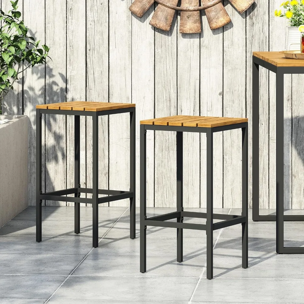 

Outdoor Industrial Bar Stool Set of 2, Counter Height Kitchen Island Bar Chair with Acacia Wood Seating and Sturdy Metal Frame,