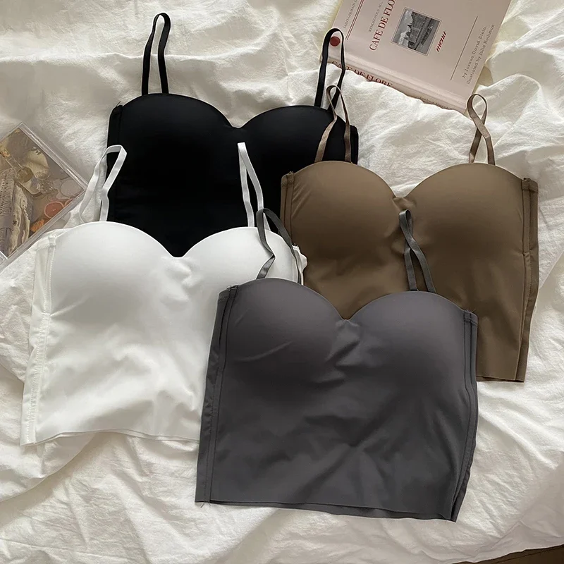 Weißes Oberteil für Damen, ärmellos, dünne Träger, Leibchen, einfarbig, Tanktop mit Körbchen, Sommer-Eisseide, bequeme Schlinge