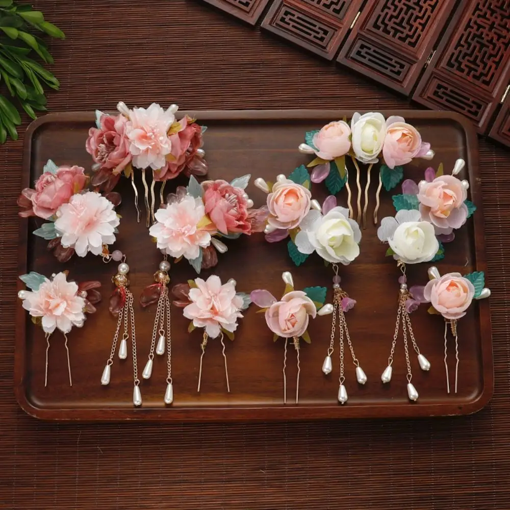 Antique Tassel Chinese Style Hairpin Set Earring Pearl Hanfu Hair Stick Headwear for Buns Flower Hair Comb Women