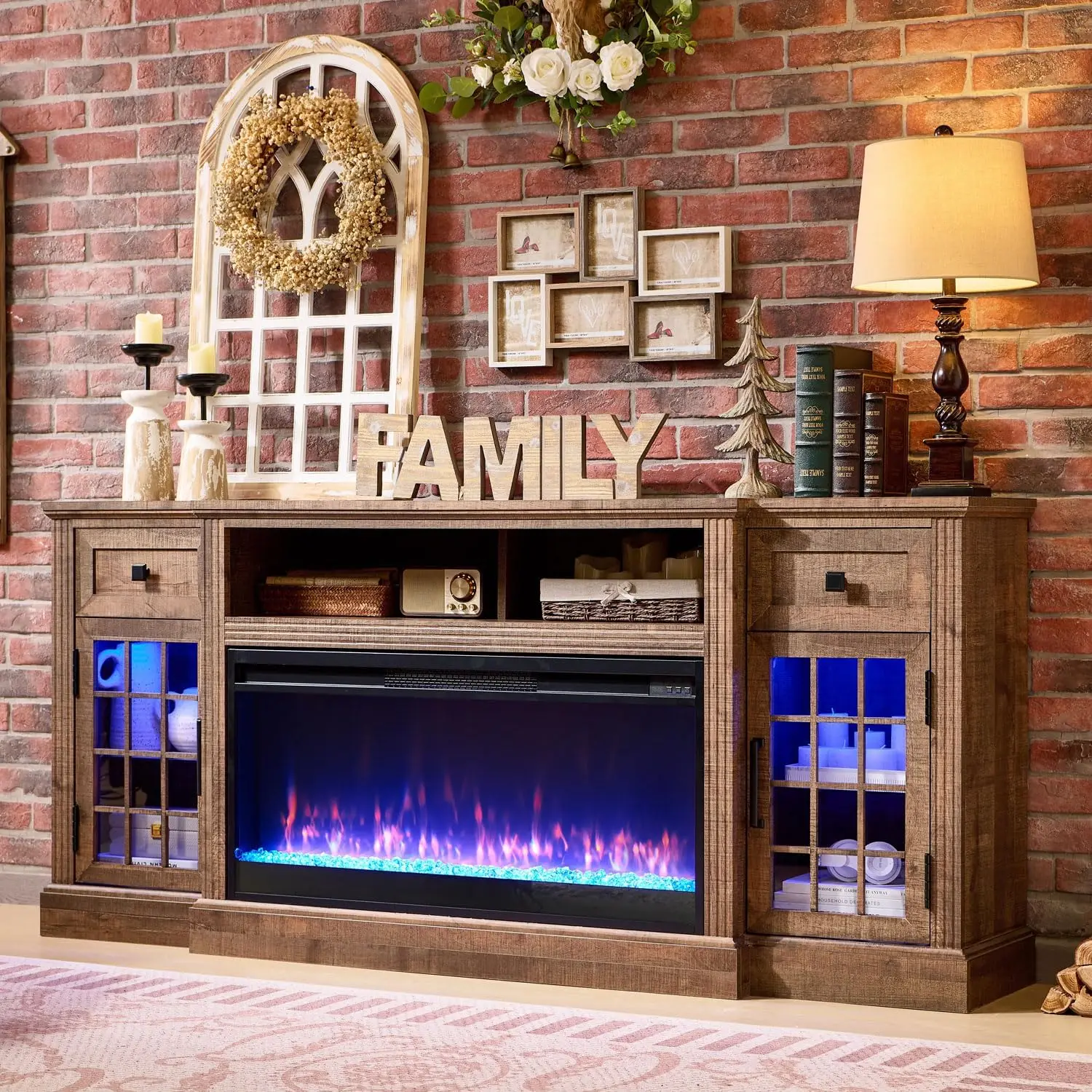 Farmhouse Fireplace TV Stand for 80 Inch TV, Entertainment Center w/ 36'' Electric Fireplace & LED Lights