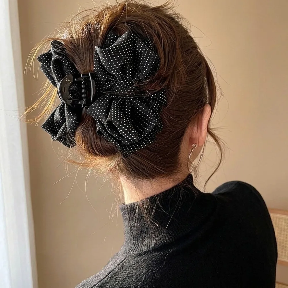 2pcs New Style Polka Dot Hair Claw Clip Set Non-Slip Fabric Shark Clip Coffee Black Beige Bow Banana Hair Clip Women
