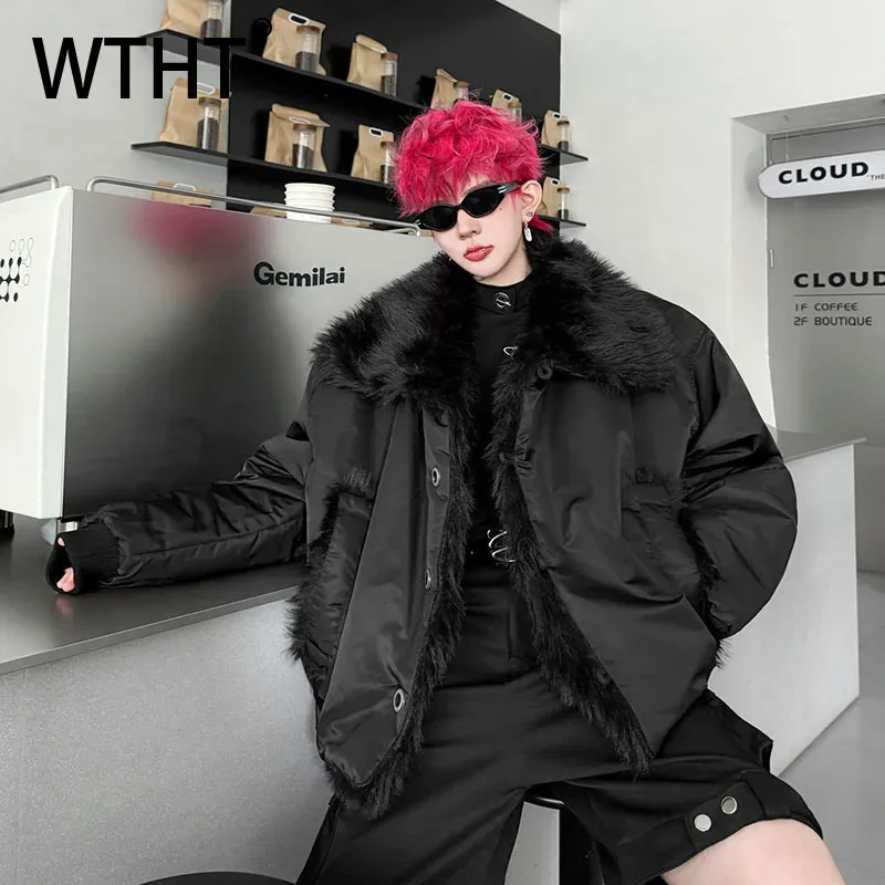 

WTHT Trendy Men's Solid Color Thicken Spliced Faux Fur Coats Fashion Stand Collar Long Sleeves Jackets Male 2025 Winter 2A2343