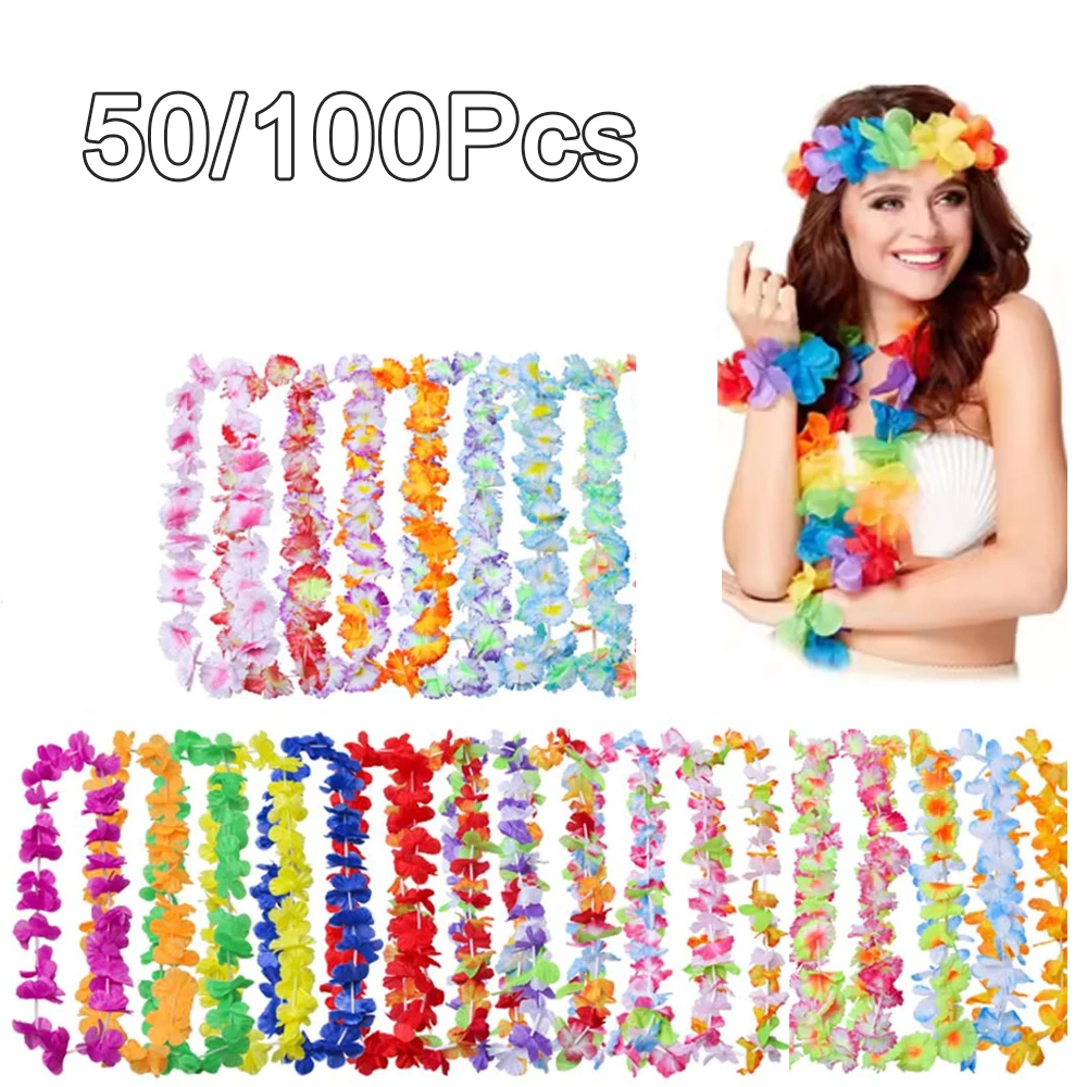 50/100 قطعة هاواي زهرة اصطناعية إكليل قلادة هاواي موضوع حفلة جارلاند الصيف الشاطئ الزفاف حفلة عيد ميلاد ديكور العرض