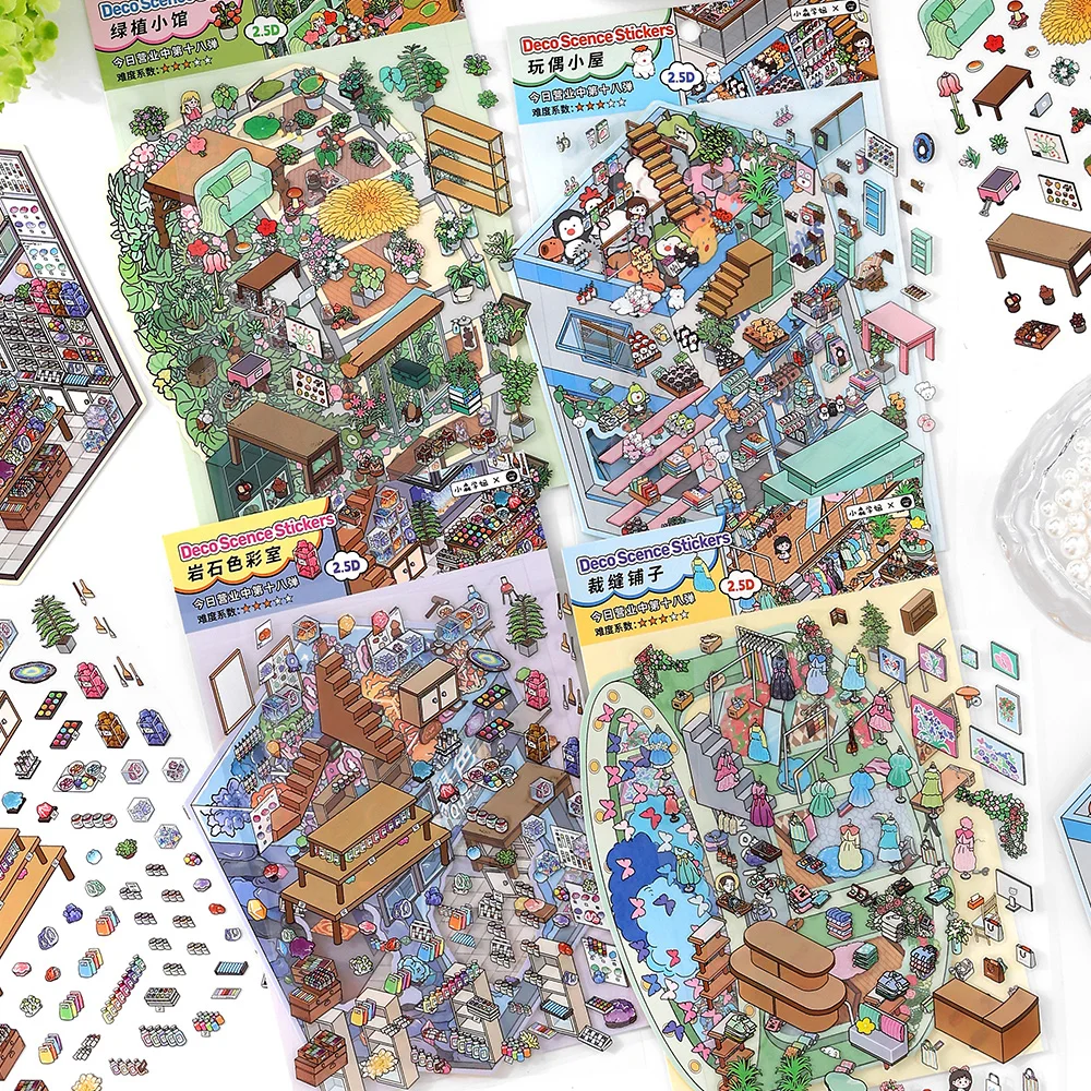 Kawaii 3D Kleine Shop18.0 Miniatur Szene Aufkleber Visuelle Stapeln DIY Scrapbooking Tasche Haus Aufkleber Kinder Festival Geschenk