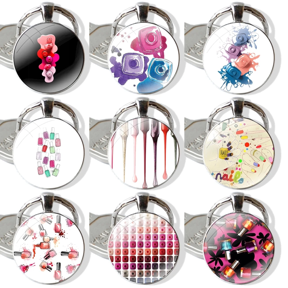 Keychain Handmade Glass Cabochon Key Ring Holder Pendant Key Chains Art Multicolored Nail Polish Bottle Set