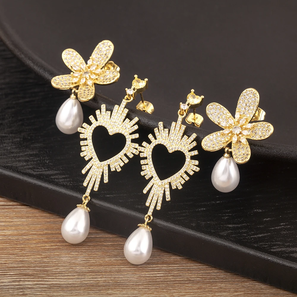 Nidin New Popular Flower/Heart Shape Inlaid Zircon Pearl Earrings For Female Vintage Ear Jewelry Birthday Party Delicate Gifts