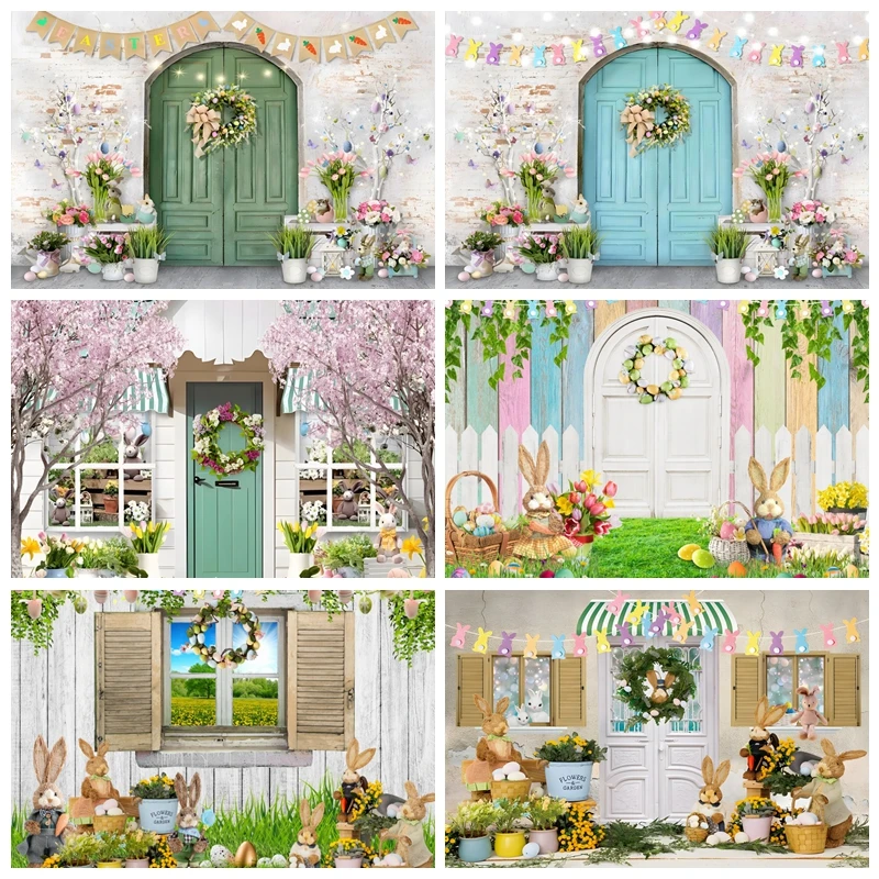 Easter Spring Garden Photography Backdrop Colorful Eggs Barn Door Wood Fence Photo Background Baby Children Easter Party Banner