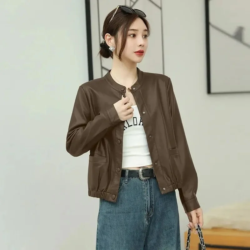 Female Fashion Round Neck Outwear Korean Women Large Size 4XL PU Leather Jacket Spring Autumn Ladies Faux Leather Short Coat