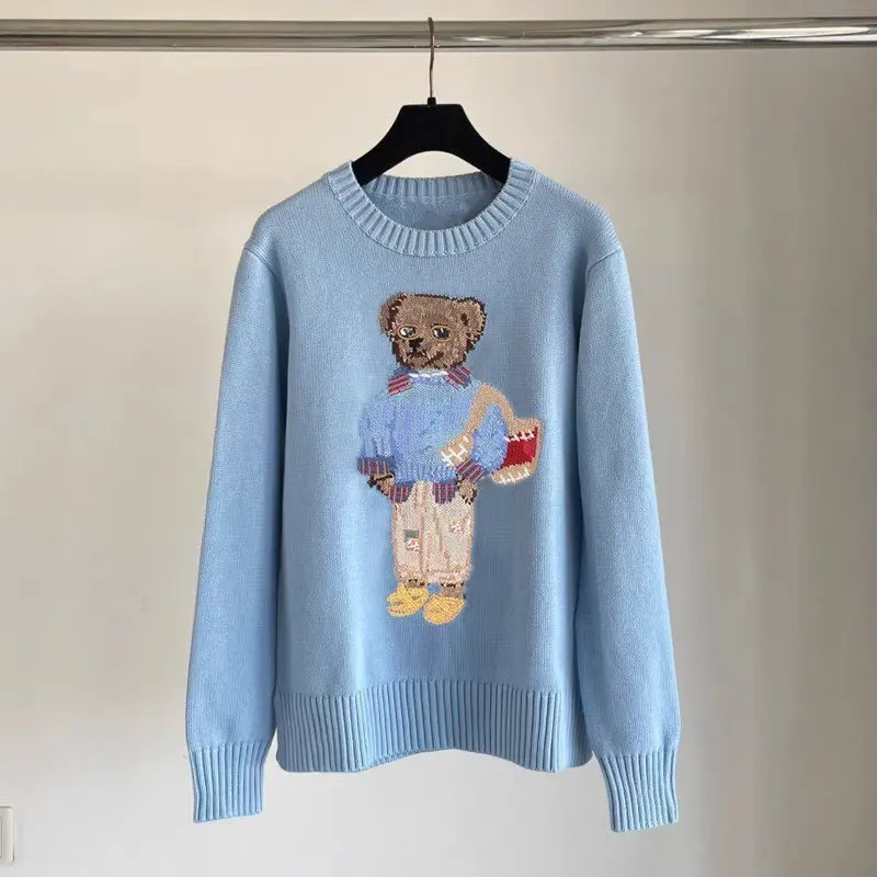 

Высокое качество, осенне-зимний новый модный свободный вязаный свитер с вышивкой ленивого мультяшного медведя, топы, женский повседневный пуловер, свитер