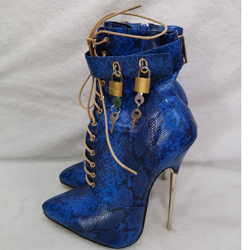

Blue Lace Up Lock Mid Calf Boots Pointed Toe Thin High Heel Sexy Fashion Summer Casual Big Size Woman Shoes Zapatillas Mujer