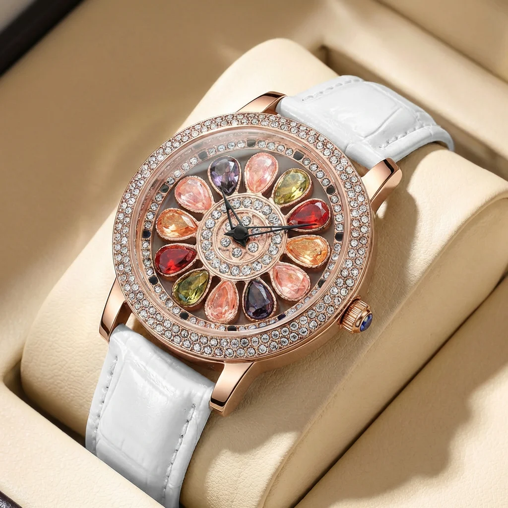 One Piece Women's White Belt Light Luxury Simple Style Colorful Candy Rotating Dial Quartz Watch