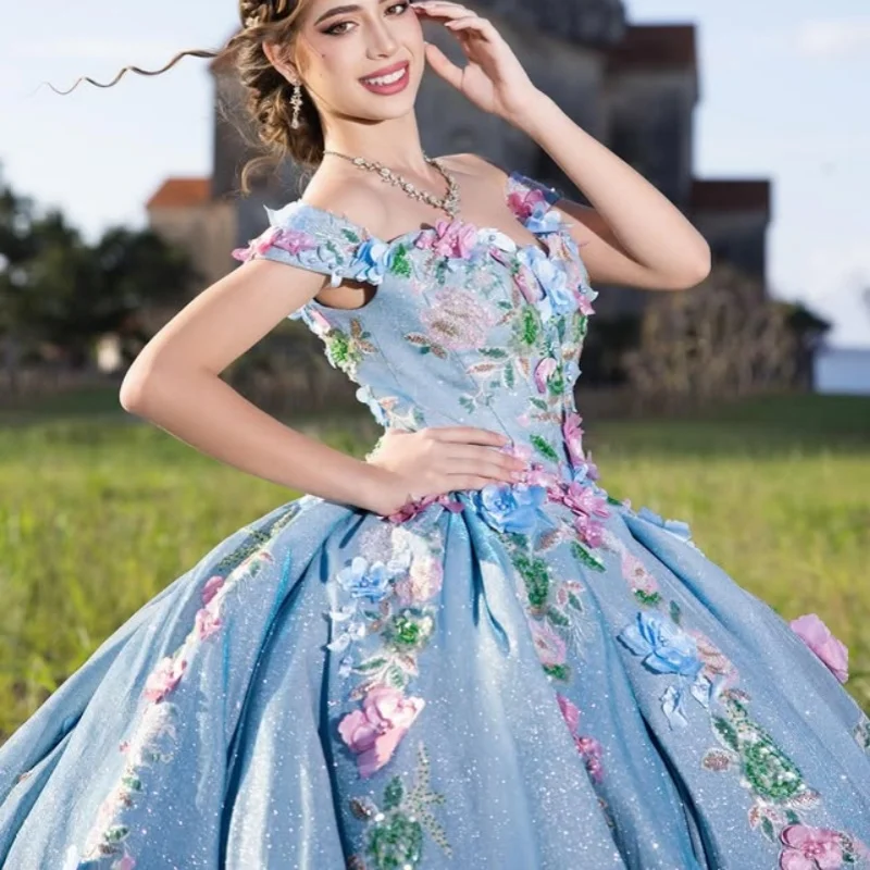 

Роскошное блестящее синее платье для квинсеаньеры с открытыми плечами, с блестками, кристаллами, 3D цветами, длинным шлейфом, Vestido De 15 Quinceanera, на заказ