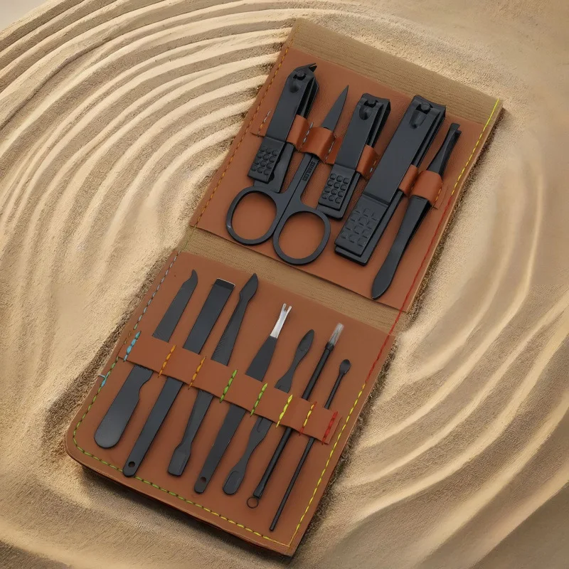 16PCS 갈색 가죽 매니큐어 키트, 손톱깎이, 전문 미용 키트, 스테인레스 스틸 발톱 도구, 귀 관리 도구