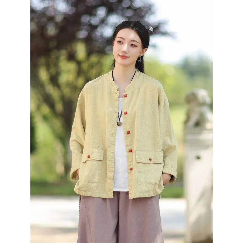 

Женская свободная верхняя одежда из хлопка и льна в стиле ретро, пальто с цветным воротником на пуговицах, осень 2025 г.