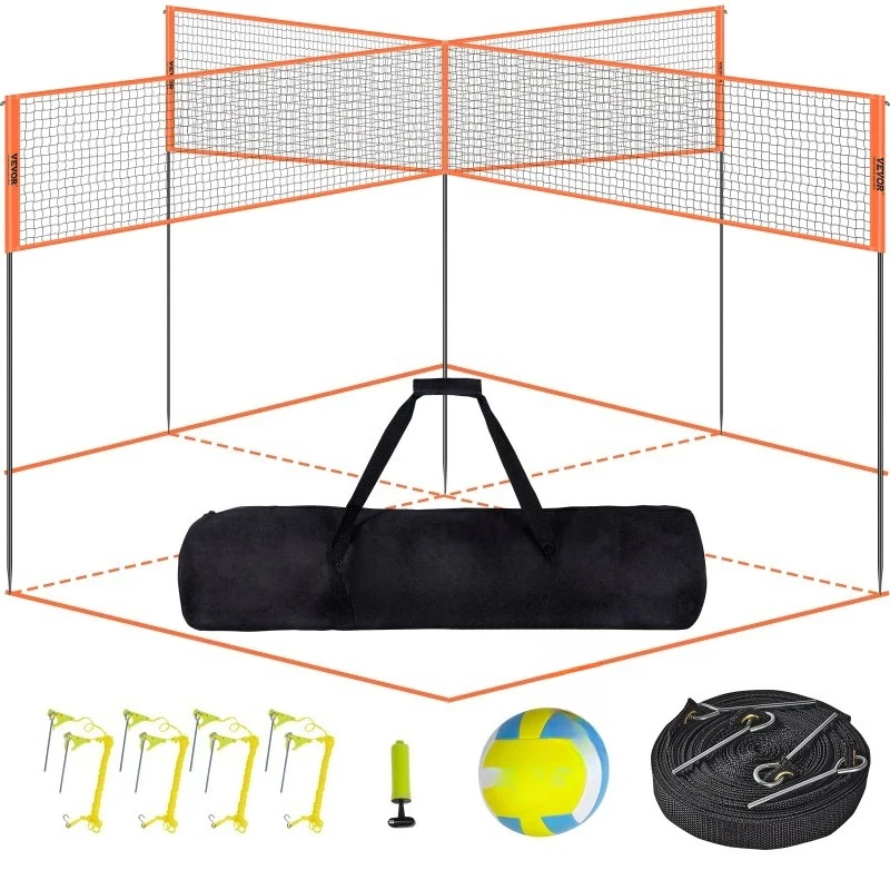 4-Way Volleyball Net 14 x 14FTAdjustable Height Badminton Net Set for Backyard Beach Lawn Easy Setup with Carrying Bag