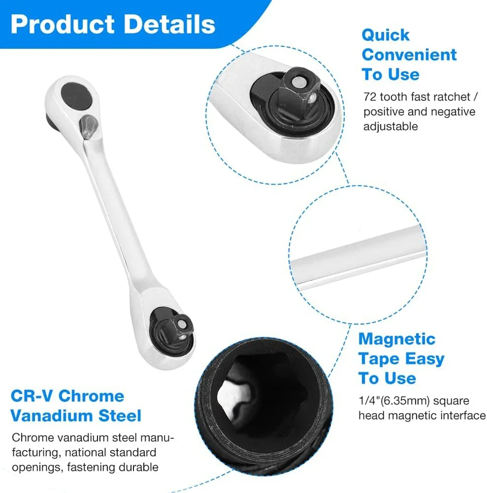 2025年 2-in-1 ミニラチェットレンチ – 1/4インチ両頭ソケットドライバーハンドル、72歯高速ラチェット、コンパクトユニバーサル修理ツール