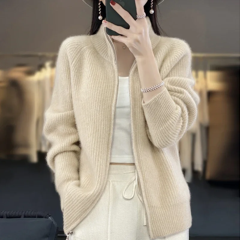 

Autumn New 100% Pure Wool Zipper Cardigan Padded Shoulder Stand Collar Women Cashmere Knitted Coat Female Lapel Sweater