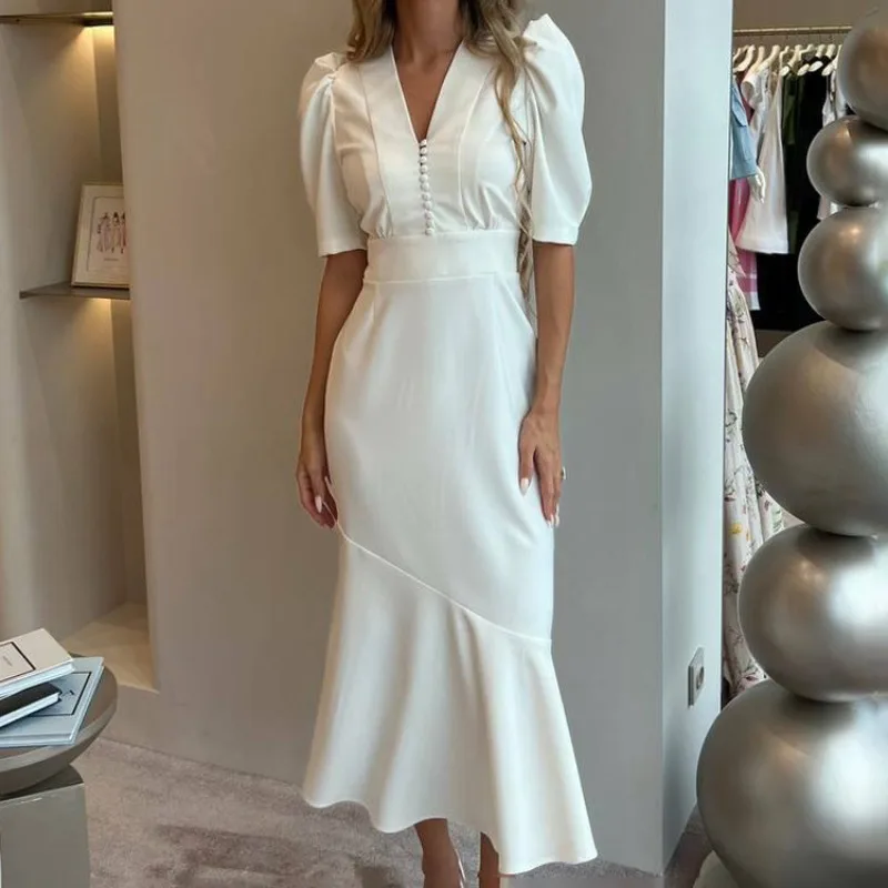 

Tuularose Summer Slim White Women's Dress 2025 Fashion V-Neck Short Sleeve Midi Dresses Elegant Classic High Waist Female Dress