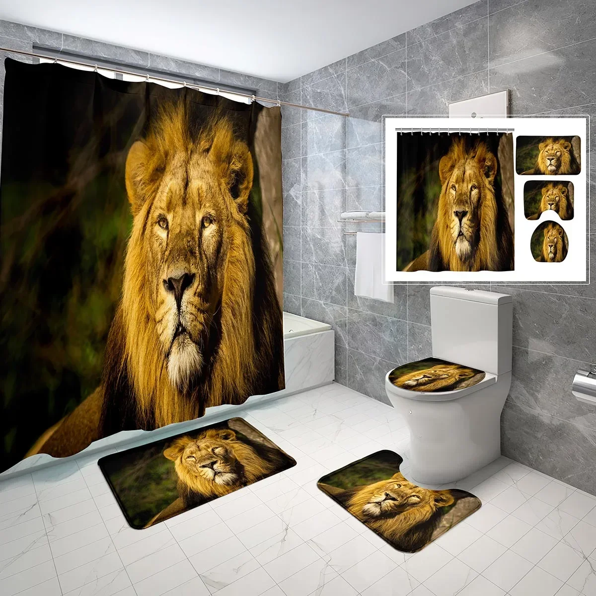 Lion Shower Curtain Set King of The Jungle 4 Pcs Shower Curtain Bathroom Non-Slip Bath Mat Toilet Cover Shower Curtain Set