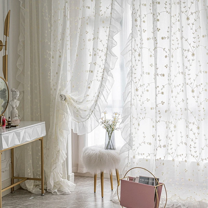 White Floral Embroidered Sheer Tulle French Ruffle Linen Curtains For Living Room Bedroom Door Window Breathable Voile Drapes