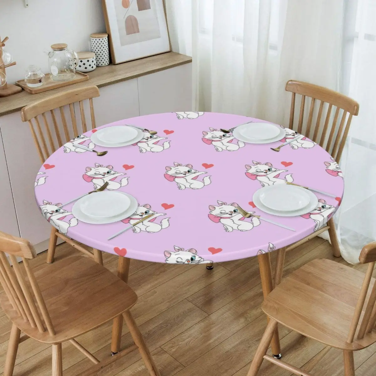 Customized Cute Marie Tablecloth Round Fitted Oilproof Girly Cat Kitten Table Cover Cloth for Party