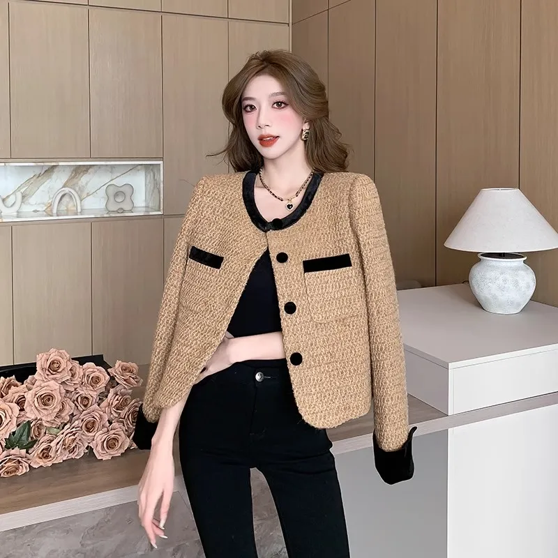 

Women Autumn Vintage Patchwork Loose Cashmere Woolen Short Jacket High Quality Chic Single-Breasted O-Neck Outerwear