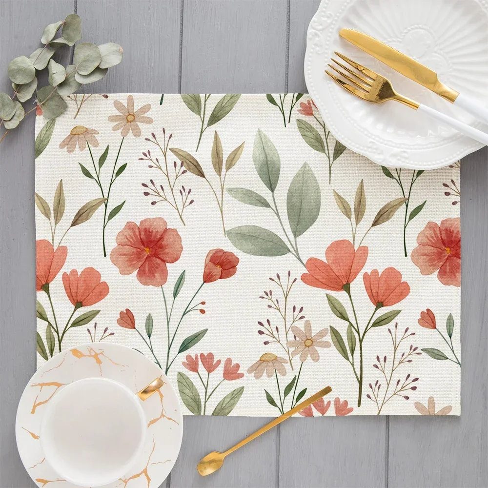 Floral Pattern Placemat Kitchen Decor Cotton Linen Boho Flower Dining Table Mats Coaster Pad Bowl Coffee Cup Mat 30x40CM