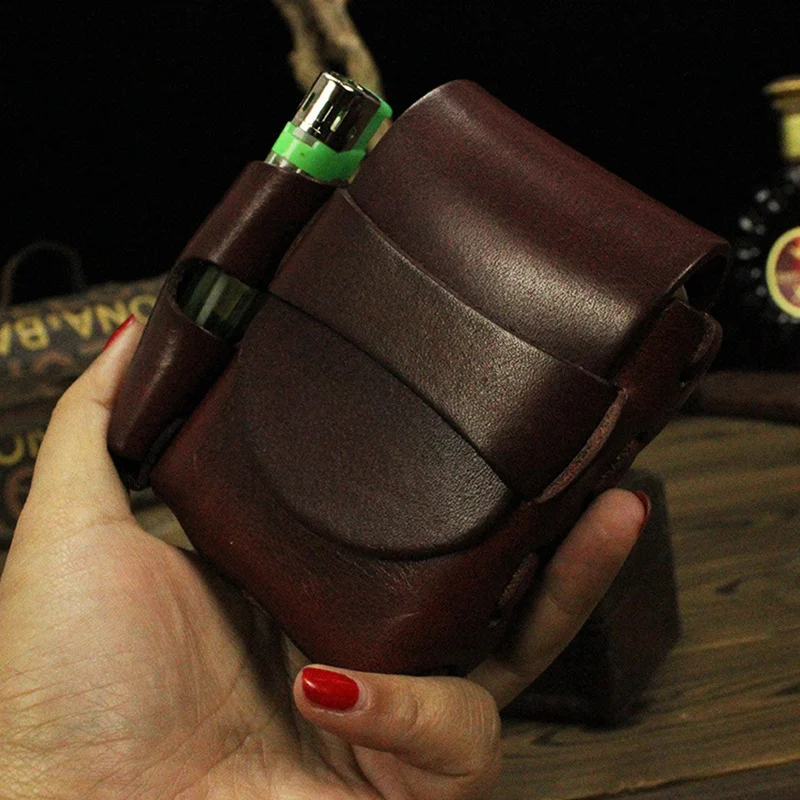 Cigarette Case Lighter Storage Cowhide Waist Bag, Portable Smoking Leather Holder, Locomotive, Handmade, 20 Sticks, Wearing Belt