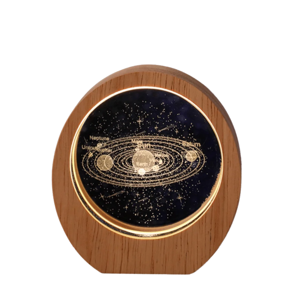 Wooden Base 3D Inner Carving Planet Night Light Circular Wooden Frame Solar System Astronomy Luminous Crystal Desktop Ornament