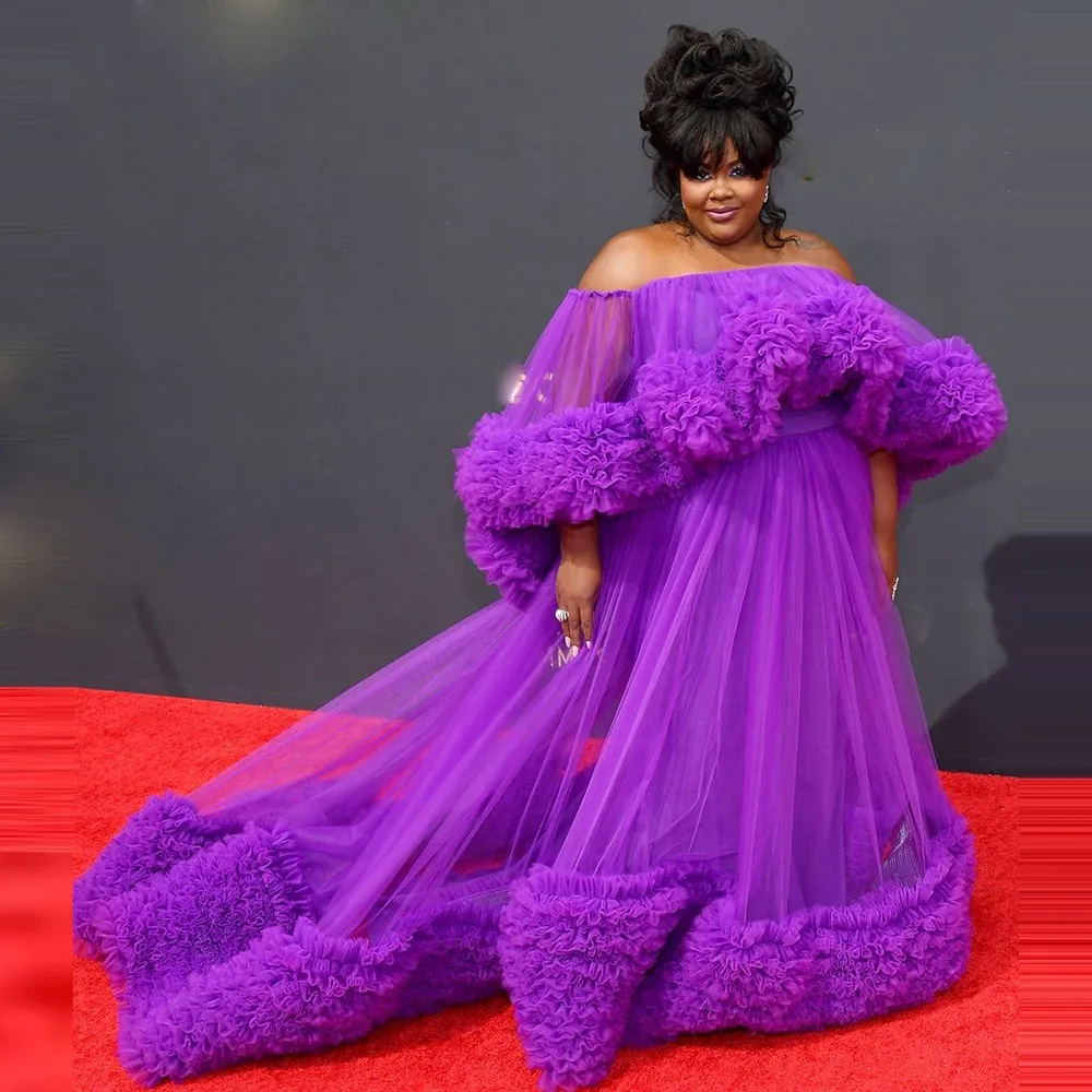 فساتين سهرة أرجوانية مقاس كبير قبالة الكتف وأكمام منتفخة فستان حفلة موسيقية متدرج توتو تول فساتين السجادة الحمراء #3