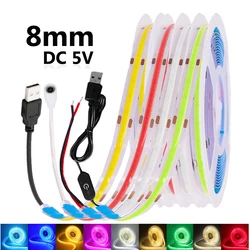 DC 5V USB COB Luci di striscia LED 8mm 320LED/m Nastro lineare flessibile ad alta densità Luce Bianco caldo Rosso Blu RA 90 Lampada per decorazioni per la casa