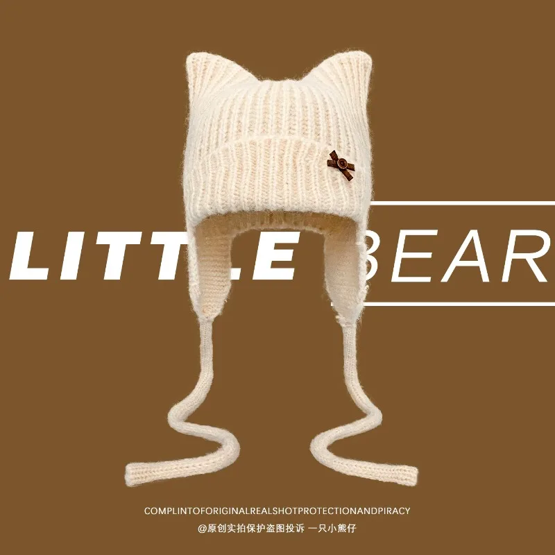 Cute Cat Ear Earflap Beanies for Women Winter Warm Knit Hats with Long Braided Rope Sweet Bow Decor Ladies Daily Headwear