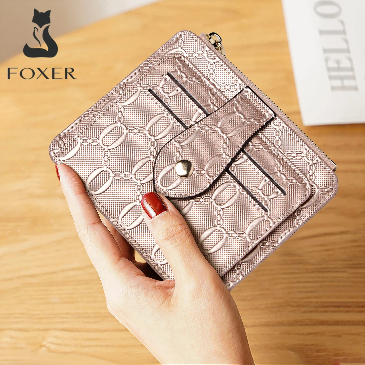 

FOXER брендовый шикарный женский короткий кошелек из спилка, кожаный держатель для карт, модная женская сумка для денег, женский клатч, кошелек для карт, слот для нескольких карт