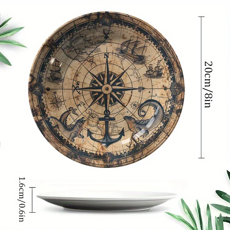1pc Vintage Nautical Ceramic Decorative Plate - Compass & Ship Design, Non-Food Contact, Ideal for Home, Living Room, Study -