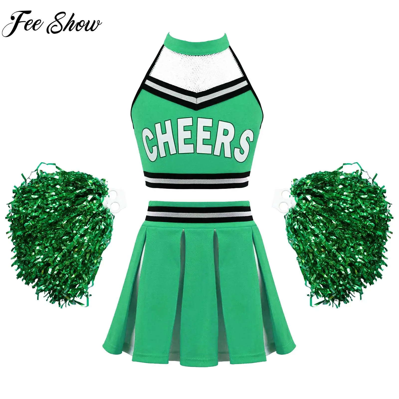 

Kids Girls Dance Set Cheerleading Halter Neck Mesh Patchwork Letters Printed Crop Top with Pleated Skirt And 2Pcs Flower Balls