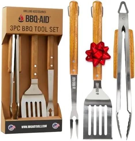 

3-Piece BBQ Grill Set - Stainless Steel Tongs, Spatula, Fork with Wood Handles - Perfect Gift for Grilling Lovers
