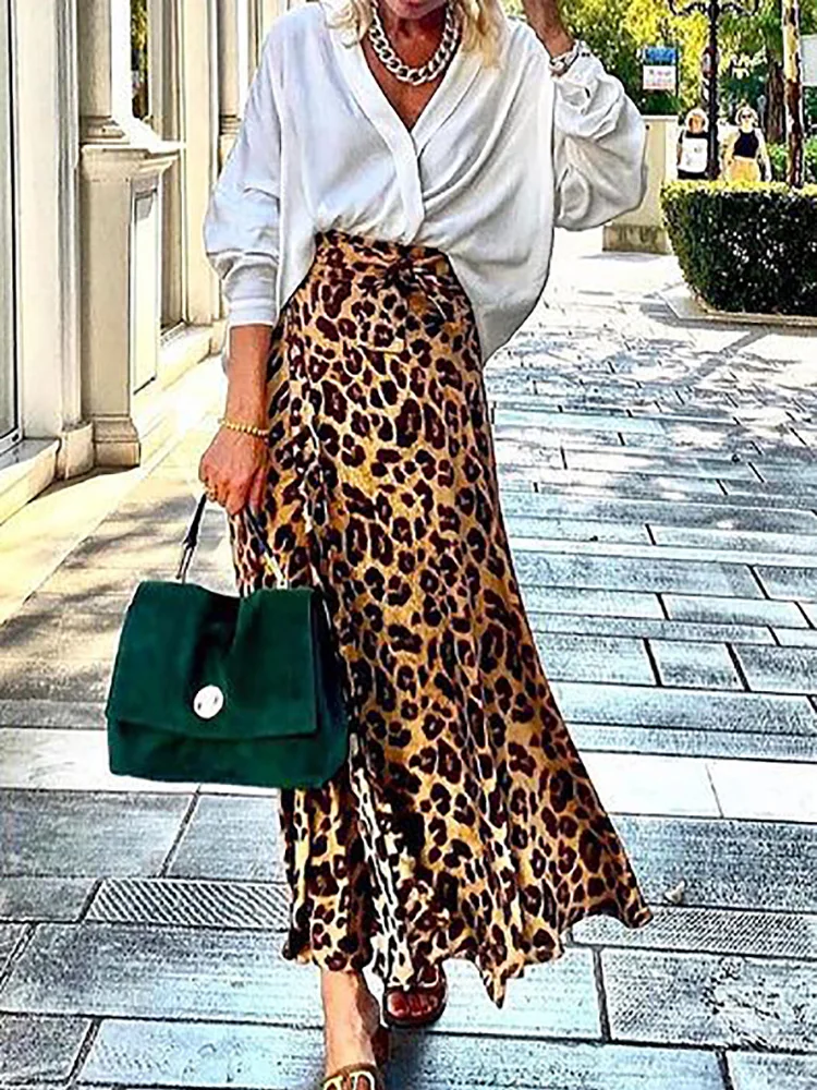 Casual Long Leopard Skirts for Women Vintage 2024 Summer A Line Slim Fitness Skirt Elegant Lady Party Night Skirts Dropshipping