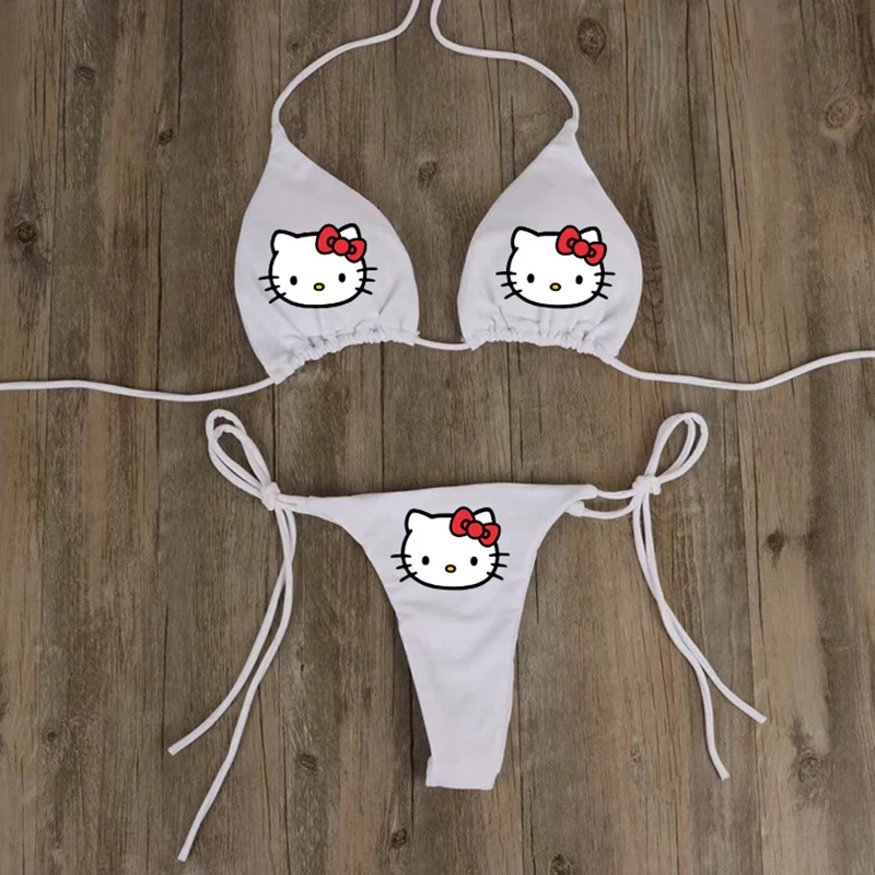 2Pcs Y2K Hello Kitty Swimsuit Set for Women Sanrios Anime Kawaii Kuromi Bikini Sexy Hot Girl Sexy Underwear Bra Thong Girl Beach