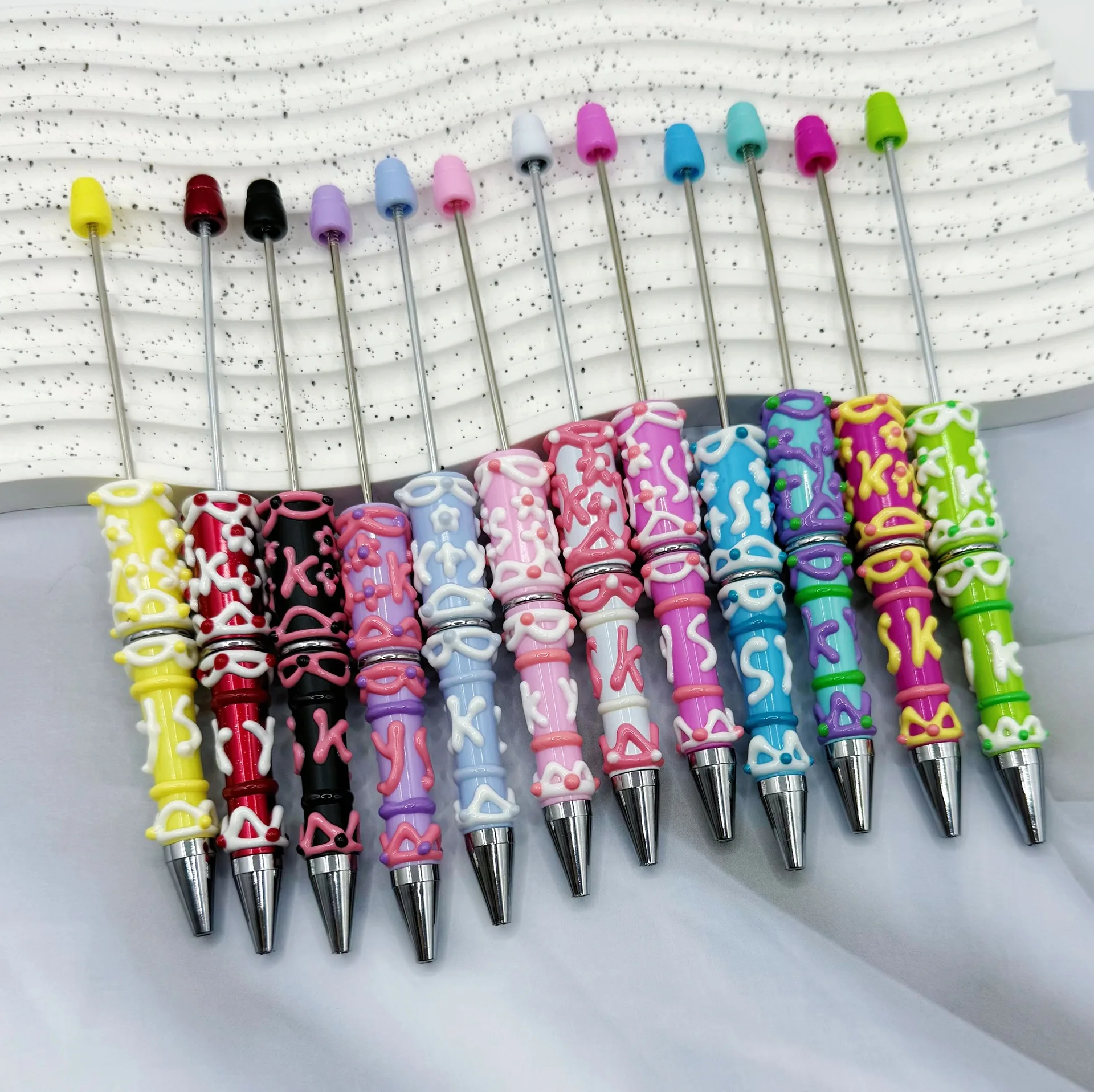 40Pc Creative Hand Drawn Plastic Bead Pen Cream Glue Decorative Beaded Ballpoint Pen School Office DIY Making Gift Pens Supplies