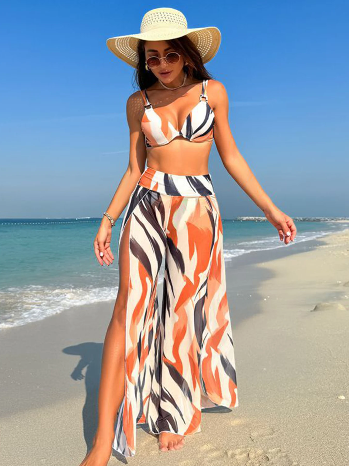 2024 New Sexy Three Pieces Bikini Sets Swimsuit For Women Swimwear And High Split Beach Pants Swimming Suit For Women Beachwear