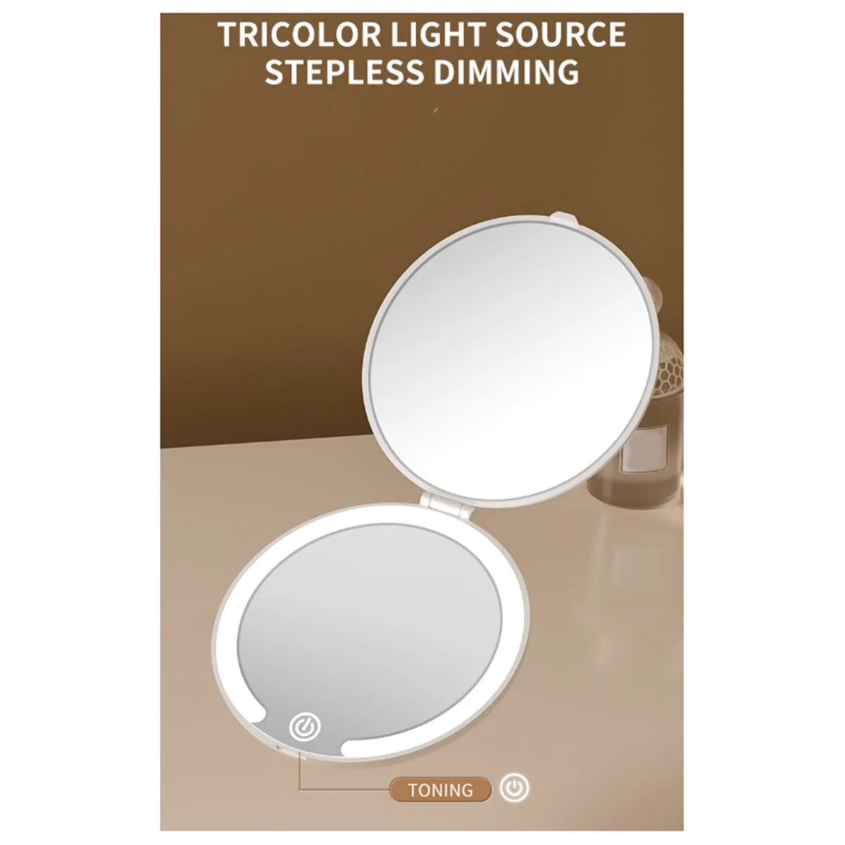 Espejo de maquillaje LED compacto de viaje, espejos de iluminación plegables pequeños recargables de 3 colores, batería integrada de 600 Mah