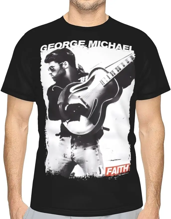 

George Music Michael Shirt Men's Fashion Breathable Full Print Casual Round Neck Short Sleeve T-Shirt Top Black